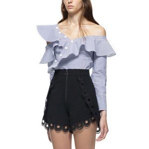 Self Portrait Black Textured Trim Curved Hem Short